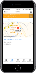 Die Einsatzübersicht in der MYSTAFFPILOT App mit Check-In Informationen und Standortanzeige Deines Einsatzortes.