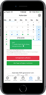 Deine Kalenderübersicht mit Deinen Terminen und Verfügbarkeiten in der MYSTAFFPILOT App Kalender Funktion.
