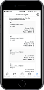 Die verschiedenen Provisionen und Posten in der Abrechnungs-Funktion der MYSTAFFPILOT App, die Du zur Rechnungserstellung nur noch zusammenstellen musst.